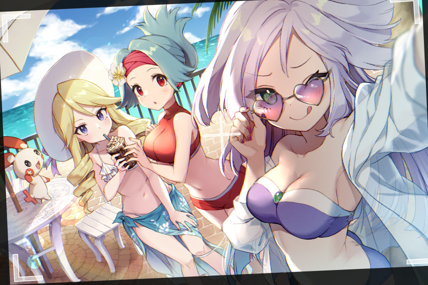 3girls :q adjusting_eyewear aria_(pokemon) bikini blonde_hair breasts chair cleavage commentary_request cup day drill_hair drinking drinking_straw eyelashes fence flower green_eyes green_hair hat headband heart heart-shaped_eyewear highres holding holding_cup knees long_hair looking_at_viewer multiple_girls nail_polish navel outdoors plusle pokemon pokemon_(creature) pokemon_ranger purple_bikini red_eyes selfie sky solana_(pokemon) standing summer sunglasses swimsuit table tiffany_(pokemon) tongue tongue_out white_flower white_headwear yoshino_saku