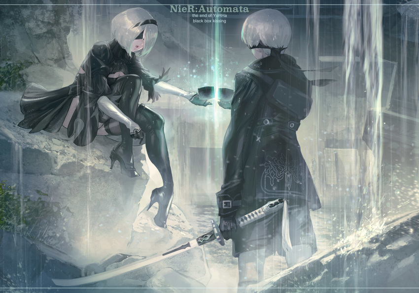 1boy 2b_(nier:automata) 9s_(nier:automata) bag black_bow black_footwear black_gloves black_hairband black_thighhighs boots bow breasts cleavage cleavage_cutout clothing_cutout female glint gloves hairband high_heels highres holding holding_sword holding_weapon maeshima_shigeki nier:automata nier_(series) open_mouth outdoors plant puffy_sleeves rubble ruins short_hair shorts sitting standing sword teeth thigh_boots thighhighs upper_teeth_only weapon white_hair