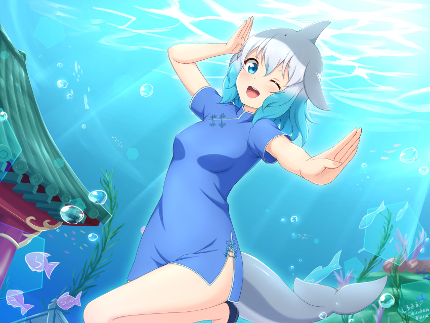 ;d absurdres air_bubble alternate_costume architecture arm_up blowhole blue_dress blue_eyes blue_hair bubble cetacean_tail china_dress chinese_clothes commentary common_bottlenose_dolphin_(kemono_friends) dorsal_fin dress east_asian_architecture female fins fish fish_tail gradient_hair grey_hair head_fins highres kemono_friends looking_at_viewer medium_hair multicolored_hair one_eye_closed open_mouth outstretched_arm seaweed shiraha_maru short_sleeves side_slit smile solo tail underwater white_hair