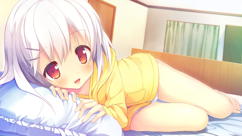 barefoot bed blush female game_cg happy highres hood hoodie indoors looking_at_viewer love_rec. nimura_yuuji no_pants panties solo underwear yanase_hitomi