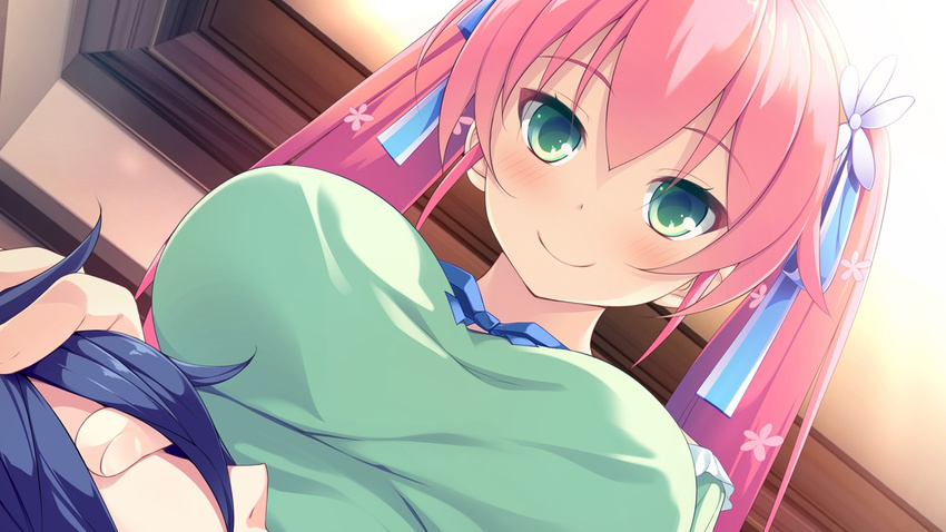 blue_hair blush breasts female game_cg green_eyes highres kimi_to_boku_to_no_kishi_no_hibi:_rakuen_no_chevalier large_breasts long_hair looking_at_viewer lying pink_hair piriri short_hair sitting smile twintails