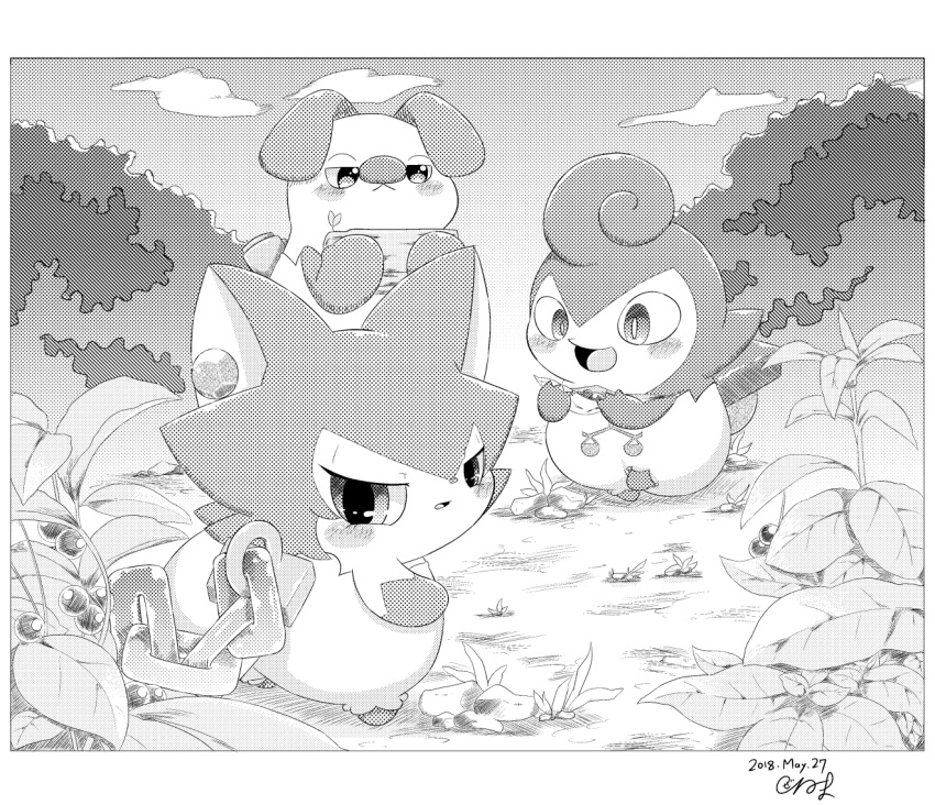 2018 ambiguous_gender anthro blush canid canine clothed clothing cloud cocotama felid grass group himitsu_no_cocotama mammal monochrome mukitetsu_(cocotama) open_mouth outside plant semi-anthro signature tokumaru_(cocotama) tongue yurano_(cocotama) zeru_(ma)