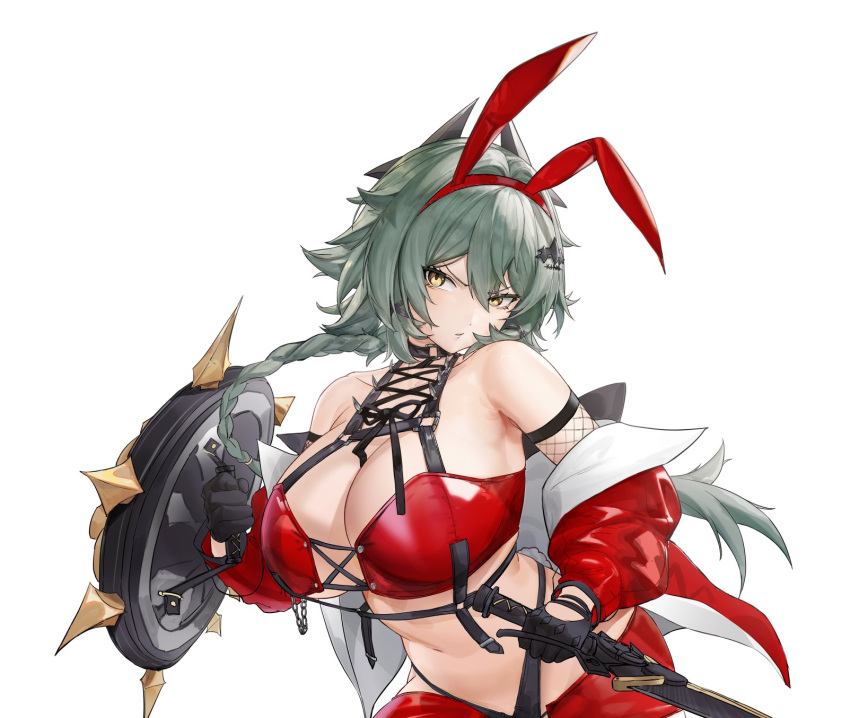 alternate_costume animal_ears black_gloves breasts caesar_king_(zenless_zone_zero) cleavage collarbone fake_animal_ears female gloves green_hair hair_between_eyes hashtag-only_commentary highres holding holding_shield holding_sword holding_weapon jacket large_breasts long_hair looking_ahead navel parted_lips rabbit_ears red_jacket shield sidelocks simple_background solo sword upper_body weapon white_background wosyyys yellow_eyes zenless_zone_zero