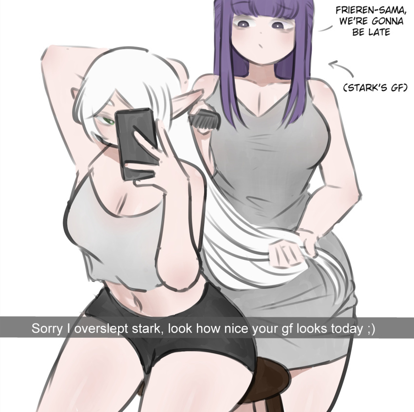 2girls arm_behind_back arm_up arrow_(symbol) black_shorts blunt_bangs breasts brushing_another's_hair brushing_hair camisole cellphone cleavage cropped_shirt dress fern_(sousou_no_frieren) frieren grey_dress half_updo hand_up highres holding holding_phone large_breasts long_hair miaw907 multiple_girls on_chair phone plump purple_hair short_shorts shorts sidelocks simple_background sitting sleeveless sleeveless_dress smartphone sousou_no_frieren very_long_hair white_background white_camisole white_hair