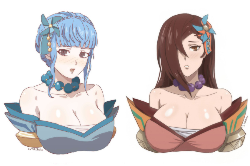 2girls alternate_costume bare_shoulders bead_necklace beads blue_hair blunt_bangs braid breasts brown_eyes brown_hair cleavage collarbone commentary cosplay crown_braid fire_emblem fire_emblem:_three_houses fire_emblem_fates fire_emblem_heroes grey_eyes hair_over_one_eye highres jewelry kagero_(fire_emblem) kagero_(fire_emblem)_(cosplay) kagero_(winds_offered)_(fire_emblem) large_breasts looking_at_viewer marianne_von_edmund multiple_girls necklace off_shoulder official_alternate_costume open_mouth sarashi short_hair simple_background tak0baka upper_body white_background