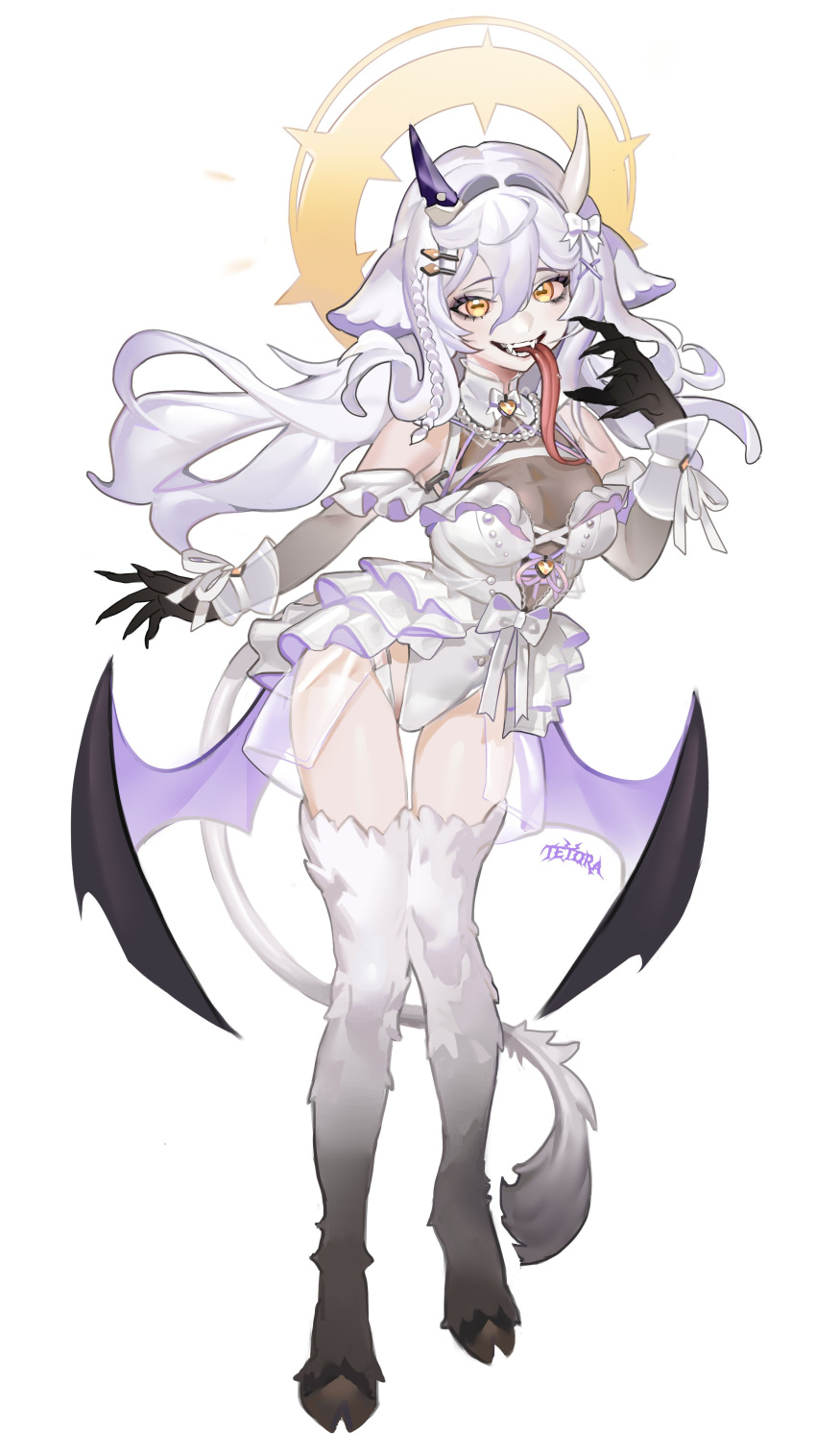 666666ttr absurdres animal_ears black_skin body_fur breasts colored_skin demon_girl demon_horns demon_tail demon_wings digitigrade fangs female fingernails floating_hair full_body halo highres hooves horizontal_pupils horns long_fingernails long_hair long_tongue looking_at_viewer low_wings medium_breasts multicolored_skin original pale_skin sharp_fingernails solo tail tongue tongue_out two-tone_skin white_background white_hair wings yellow_eyes