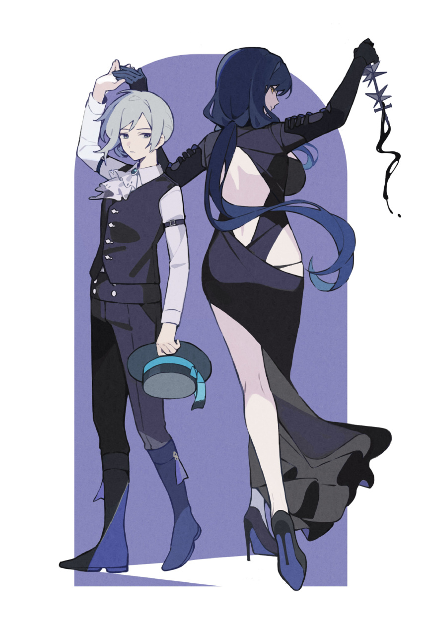 2girls absurdres arcana_(reverse:1999) arm_up arms_up ascot back_cutout bare_legs black_dress black_footwear black_gloves black_hat black_pants black_vest blue_background blue_bow blue_hair boater_hat boots bow breasts clothing_cutout collared_shirt crossed_legs dancing dress elbow_gloves full_body gloves grey_hair hair_bun hat hat_bow high_heels highres hip_vent holding holding_hands holding_hat holding_unworn_clothes holding_wand knee_boots large_breasts long_dress long_hair long_sleeves looking_back looking_to_the_side low_ponytail multiple_girls pants quanx70909457 reverse:1999 shirt short_hair side_slit single_side_bun standing two-tone_background unworn_hat unworn_headwear vertin_(reverse:1999) very_long_hair vest waistcoat wand white_ascot white_background white_shirt