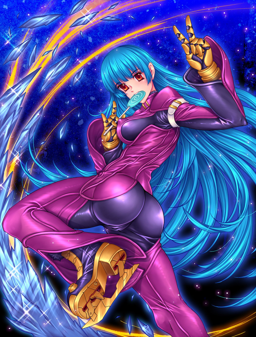 ass belt blue_hair bodysuit breasts candy female food gloves highres ice ice_skates kula_diamond lollipop long_hair looking_at_viewer medium_breasts purple_eyes sbi3kyhd3ob3024 skates the_king_of_fighters the_king_of_fighters_xv v