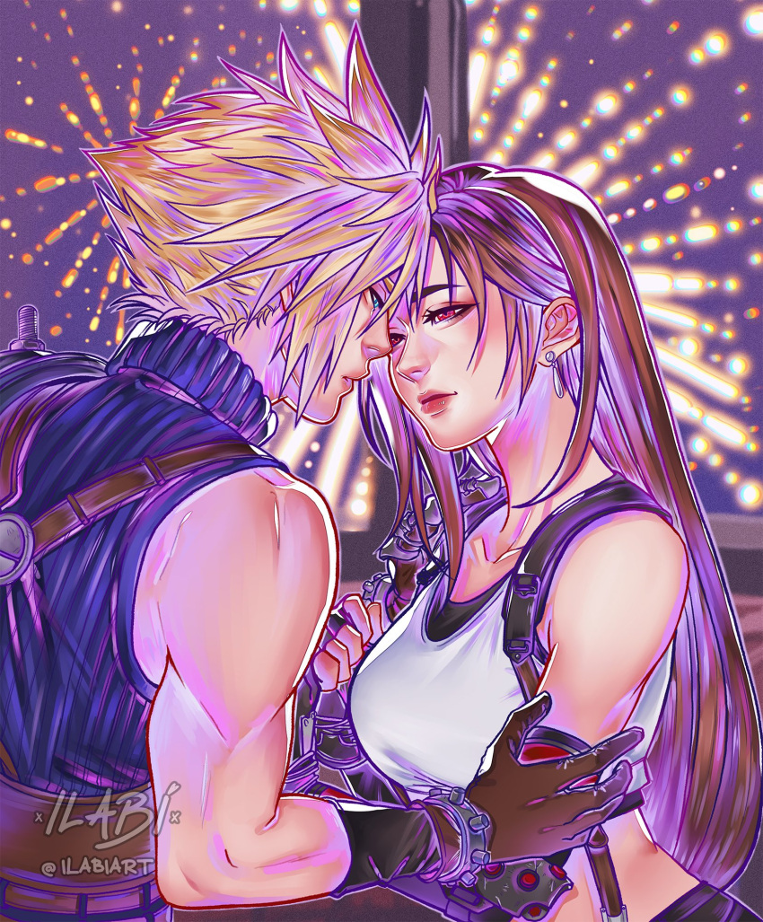 1boy aerial_fireworks armor bare_shoulders black_gloves black_hair black_skirt black_sports_bra blue_eyes blue_sweater breasts brown_gloves brown_hair cloud_strife collarbone couple crop_top earrings female ferris_wheel_interior final_fantasy final_fantasy_vii final_fantasy_vii_rebirth final_fantasy_vii_remake fingerless_gloves fireworks gloves gondola hair_behind_ear hand_on_another's_shoulder highres ilabarattolo imminent_kiss indoors jewelry large_breasts lips long_hair looking_at_another night night_sky red_eyes red_lips ribbed_sweater short_hair shoulder_armor signature single_arm_guard single_bare_shoulder single_earring skirt sky sleeveless sleeveless_turtleneck spiked_hair sports_bra suspender_skirt suspenders sweater tank_top tifa_lockhart turtleneck turtleneck_sweater twitter_username upper_body white_tank_top window