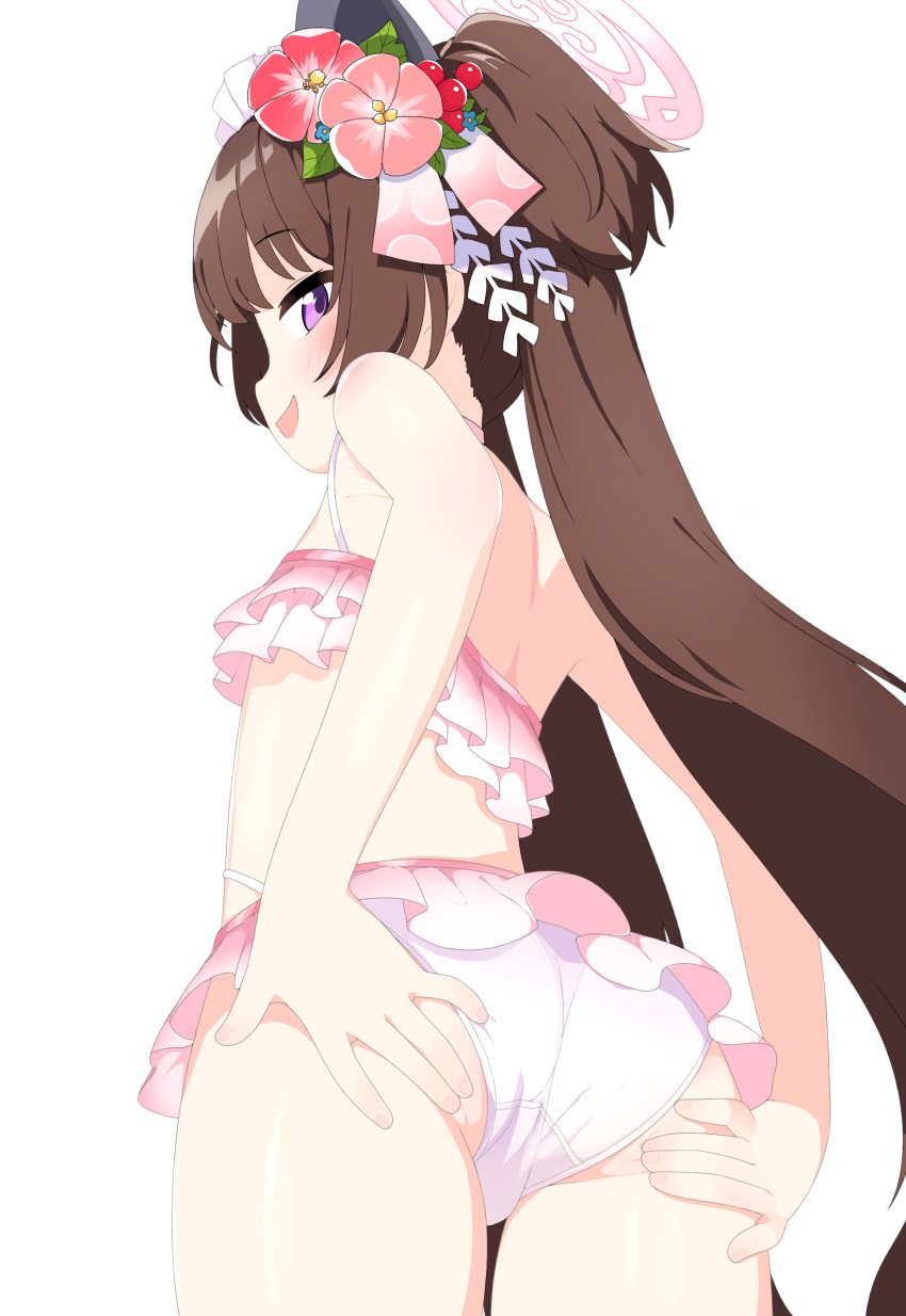 absurdres animal_ear_headwear animal_ears ass back bikini bikini_skirt blue_archive blush breasts brown_hair didac_fantasy female flat_chest flower frilled_bikini frills from_behind hair_flower hair_ornament halo hands_on_own_ass highres kanzashi long_hair looking_at_viewer looking_back maid_headdress open_mouth pink_bikini pink_halo purple_eyes shizuko_(blue_archive) small_breasts smile smug spread_pussy_under_clothes swimsuit twintails very_long_hair