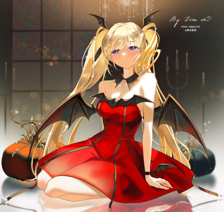 absurdres black_wings blonde_hair chandelier choker closed_mouth commentary_request detached_collar dress female highres hoshina_utau jiao_zhu looking_at_viewer mixed-language_commentary pixiv_id purple_eyes red_dress seiza shugo_chara! sitting solo strapless strapless_dress twintails wings