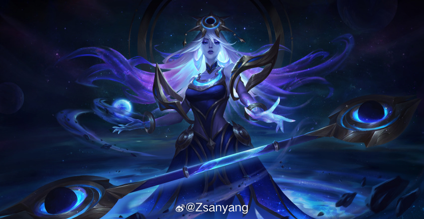 absurdres blue_dress blue_eyes blue_eyeshadow blue_hair bracelet breasts colored_skin cosmic_lux cosmic_skin dress dust eyeshadow female floating_hair gradient_background grey_hair hair_ornament highres in_orbit jewelry large_breasts league_of_legends light long_hair looking_at_viewer lux_(league_of_legends) magic makeup mole mole_under_eye object_floating_above_hand orbited outstretched_arm parted_bangs parted_lips planet rock sky sleeveless sleeveless_dress solo space standing star_(sky) starry_sky wand zsanyang