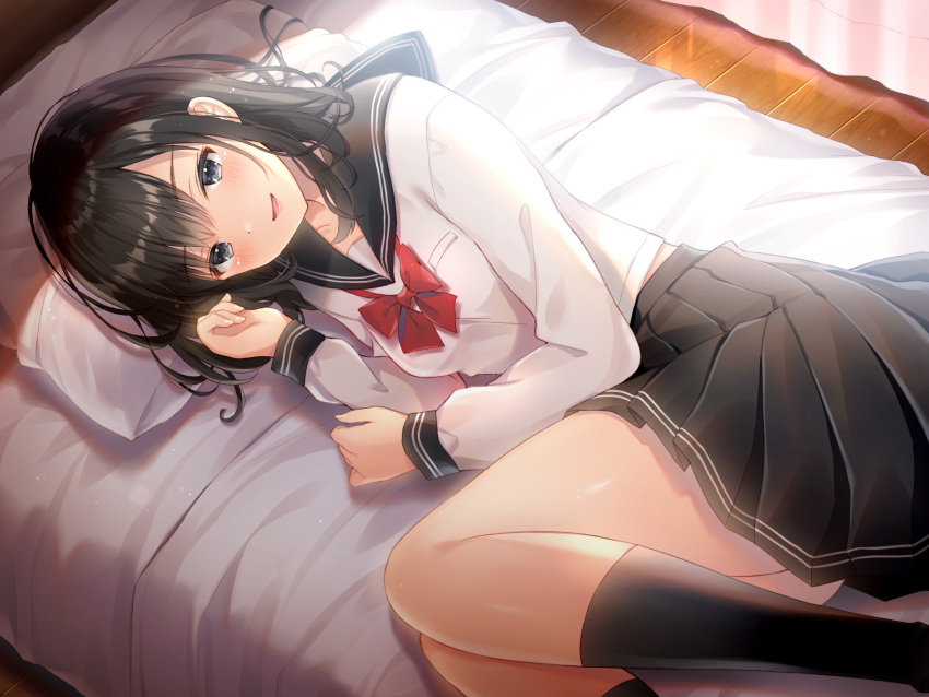 bed bed_sheet black_hair black_sailor_collar black_skirt black_socks blush bow breasts collarbone commentary female grey_eyes hair_between_eyes highres indoors kneehighs looking_at_viewer lying medium_hair noda_shuha on_bed on_side open_mouth original pillow pleated_skirt red_bow sailor_collar school_uniform serafuku shirt skirt small_breasts socks solo symbol-only_commentary white_shirt