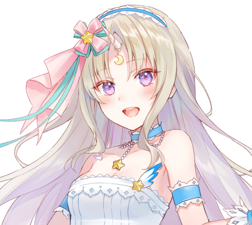 blonde_hair blush civia collarbone commentary_request dress female fukahire_(ruinon) hair_ornament headband hololive hololive_china horns long_hair looking_at_viewer official_art open_mouth purple_eyes simple_background single_horn sleeveless smile solo virtual_youtuber white_background