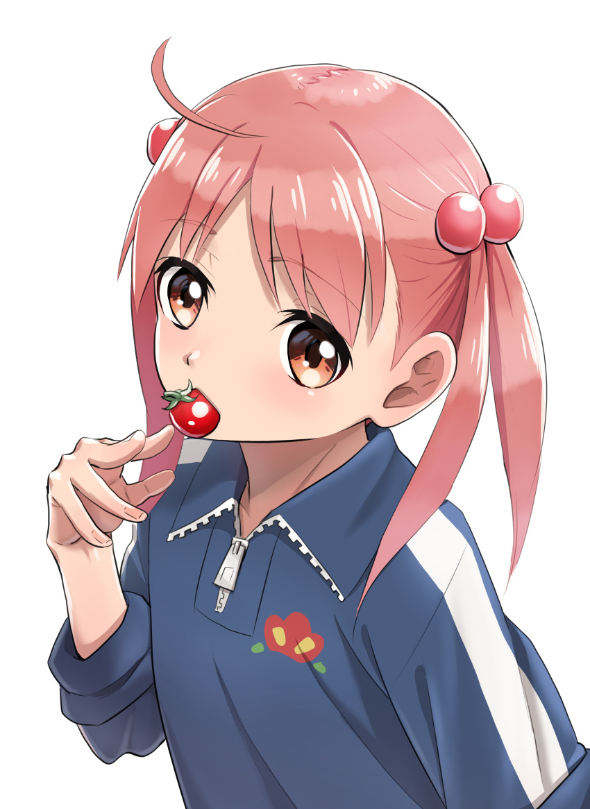 absurdres blue_shirt brown_eyes eating female hair_bobbles hair_ornament hasegawa_(hase_popopo) highres isshiki_momo looking_at_viewer pink_hair shirt short_hair solo tomato twintails upper_body vividred_operation zipper zipper_pull_tab