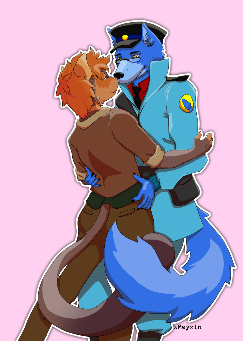 absurd_res anonymous_artist anthro blue_body blue_fur canid canine canis duo eyewear felid feline fur glasses hawkpelt healerblade hi_res male male/male mammal orange_body orange_fur romantic romantic_couple soldier_uniform team_fortress_2 valve wolf