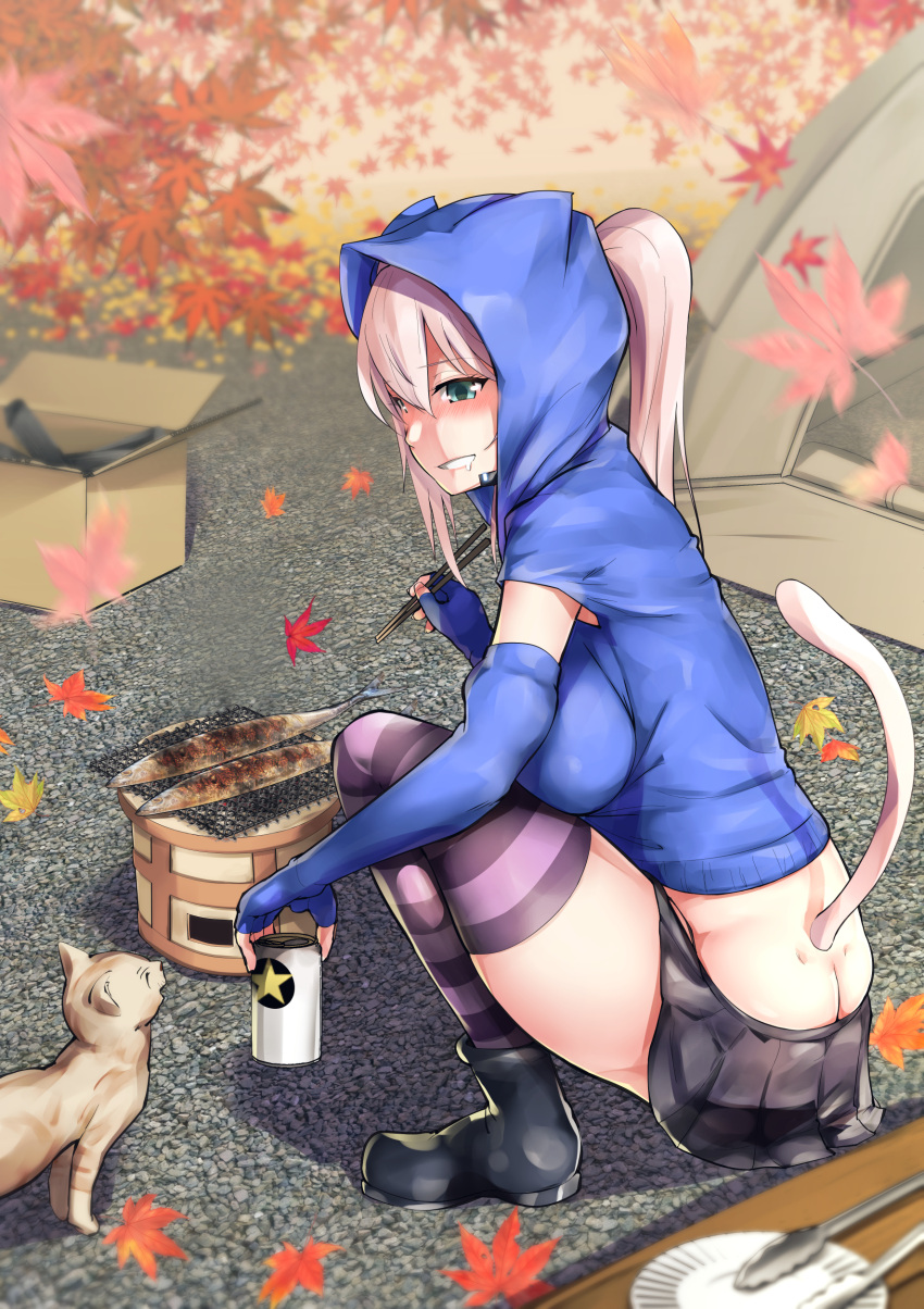 absurdres alcohol animal animal_ears beer blue_hoodie blush breasts can cat_ears cat_tail chopsticks feline female fish_(food) ganari_ryuu green_eyes grilled_fish hair_through_headwear headphones headset highres holding holding_can hood hood_up hoodie large_breasts pink_hair slav_squatting smile squatting super_tama_musume tail tamatoys