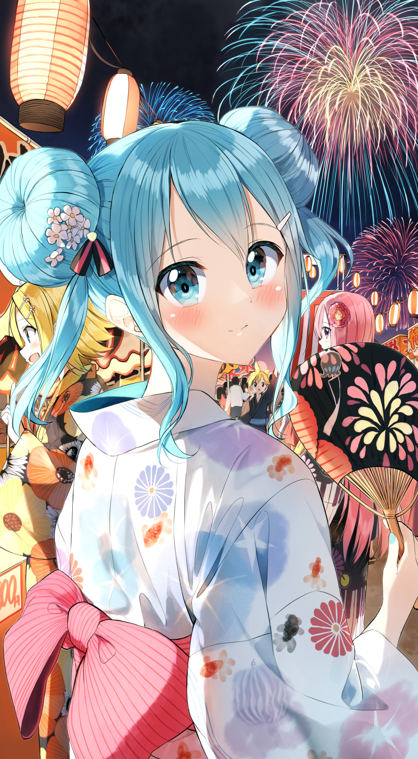 1boy 3girls absurdres aerial_fireworks animal_print black_kimono blonde_hair blue_eyes blue_hair blue_nails bow brother_and_sister closed_mouth commentary double_bun fireworks fish_print floral_print flower goldfish_print hair_bun hair_flower hair_ornament hand_fan hatsune_miku highres holding holding_fan japanese_clothes kagamine_len kagamine_rin kimono lantern long_hair long_sleeves looking_at_viewer looking_back market_stall megurine_luka multiple_girls nail_polish night night_sky obi outdoors paper_fan paper_lantern pentagon_(railgun_ky1206) pink_bow pink_hair print_kimono purple_eyes red_flower sash siblings sky striped striped_bow summer_festival twintails uchiwa upper_body vocaloid white_flower white_kimono wide_sleeves