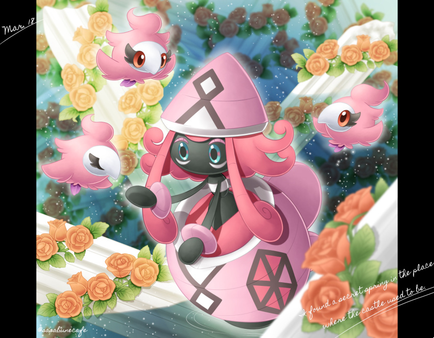 blue_eyes closed_eyes commentary_request english_text flower highres leaf no_humans orange_eyes orange_flower pillarboxed pokemon pokemon_(creature) sasabunecafe spritzee tapu_lele