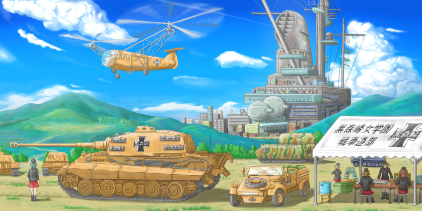 5girls aircraft artist_request blue_sky car caterpillar_tracks cloud commentary_request day elefant emblem fa_223_drache girls_und_panzer graf_zeppelin_(girls_und_panzer) helicopter highres kubelwagen kuromorimine_(emblem) kuromorimine_military_uniform maus_(tank) military military_vehicle motor_vehicle multiple_girls outdoors panther_(tank) sky tank taorumaki tiger_ii traditional_media translation_request vehicle_focus