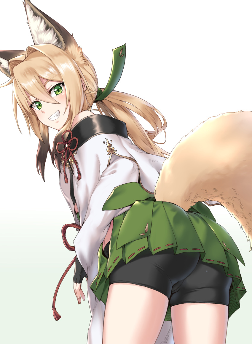 absurdres animal_ear_fluff animal_ears ass bare_shoulders bike_shorts black_gloves black_shorts blonde_hair commentary extra_ears female fingerless_gloves fox_ears fox_girl fox_tail from_behind gloves green_eyes green_hakama grin hair_between_eyes hakama hakama_short_skirt hakama_skirt highres japanese_clothes looking_at_viewer looking_back original pleated_skirt ponytail sharp_teeth short_shorts shorts shorts_under_skirt skirt smile solo tail tamakagura_inari teeth yagi_(ningen)