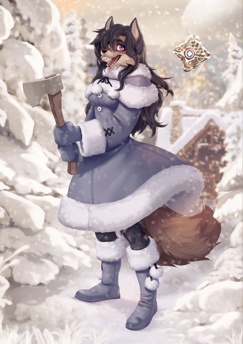 anthro axe big_breasts black_hair boots breasts brown_body brown_fur cabin canid canine christmas clothed clothing destiny_(video_game) destiny_2 detailed_background deymos digital_media_(artwork) eyelashes felling_axe female floating_object footwear fox fur ghost_(destiny) gloves grey_fox hair handwear hi_res holidays kyla_gray_(zardoseus) long_hair mammal melee_weapon mountain open_mouth open_smile purple_eyes smile snow solo teeth tongue urocyon weapon winter