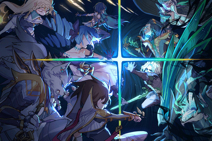 3boys 6+girls black_gloves black_hair blonde_hair blue_hair breasts brown_hair claws cleavage clenched_teeth closed_eyes collarbone diana_(league_of_legends) dragon_girl drill_hair elbow_gloves fingerless_gloves floating_hair gloves glowing glowing_eyes green_eyes gwen_(league_of_legends) hair_between_eyes hat highres holding holding_scythe incoming_attack irelia league_of_legends long_hair looking_at_another miss_fortune_(league_of_legends) multiple_boys multiple_girls open_mouth parted_bangs pirate_hat rengar ruined_miss_fortune ruined_shyvana scythe sentinel_(league_of_legends) sentinel_diana sentinel_irelia sentinel_rengar sentinel_vayne serious sharp_teeth short_hair shyvana smile teeth thresh_(league_of_legends) twin_drills unbound_thresh vayne_(league_of_legends) viego_(league_of_legends) whiskers white_hair ztdlb