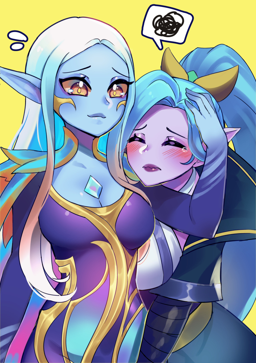 2girls absurdres biyon_tran blue_dress blue_hair blue_skin blush breasts cleavage closed_mouth colored_skin dawnbringer_soraka dress hand_up highres hug large_breasts league_of_legends long_hair looking_at_another multiple_girls notice_lines official_alternate_costume pointy_ears ponytail smile soraka_(league_of_legends) speech_bubble spirit_blossom_vayne spoken_squiggle squiggle tearing_up upper_body vayne_(league_of_legends) wavy_mouth white_hair