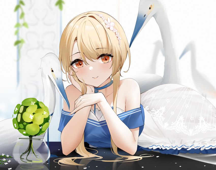 azur_lane bare_shoulders bird blonde_hair blue_choker blue_dress blurry blurry_background cheek_rest chinese_commentary choker closed_mouth commentary dress female flower hair_flower hair_ornament hand_on_own_face highres juneau_(azur_lane) juneau_(in_the_swan_garden)_(azur_lane) looking_at_viewer lying off-shoulder_dress off_shoulder official_alternate_costume on_stomach orange_eyes petals plant potted_plant qing_wu reflective_floor short_hair_with_long_locks sidelocks smile solo strapless strapless_dress swan swept_bangs two-tone_dress white_bird