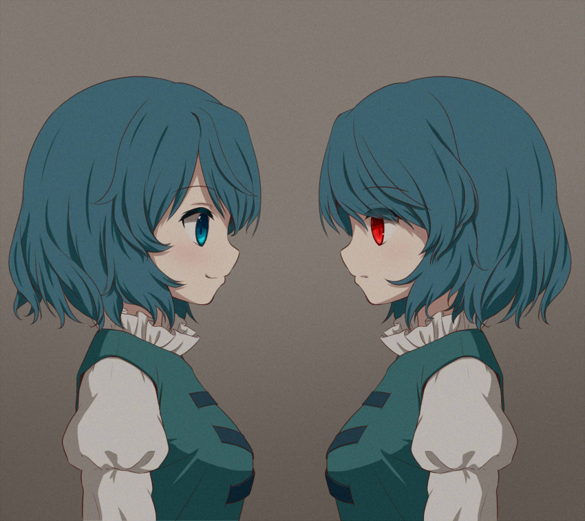 2girls arinu blue_eyes blue_hair closed_mouth commentary dual_persona facing_another from_side gradient_background grey_background heterochromia highres juliet_sleeves long_sleeves multiple_girls puffy_sleeves red_eyes short_hair smile tatara_kogasa touhou upper_body