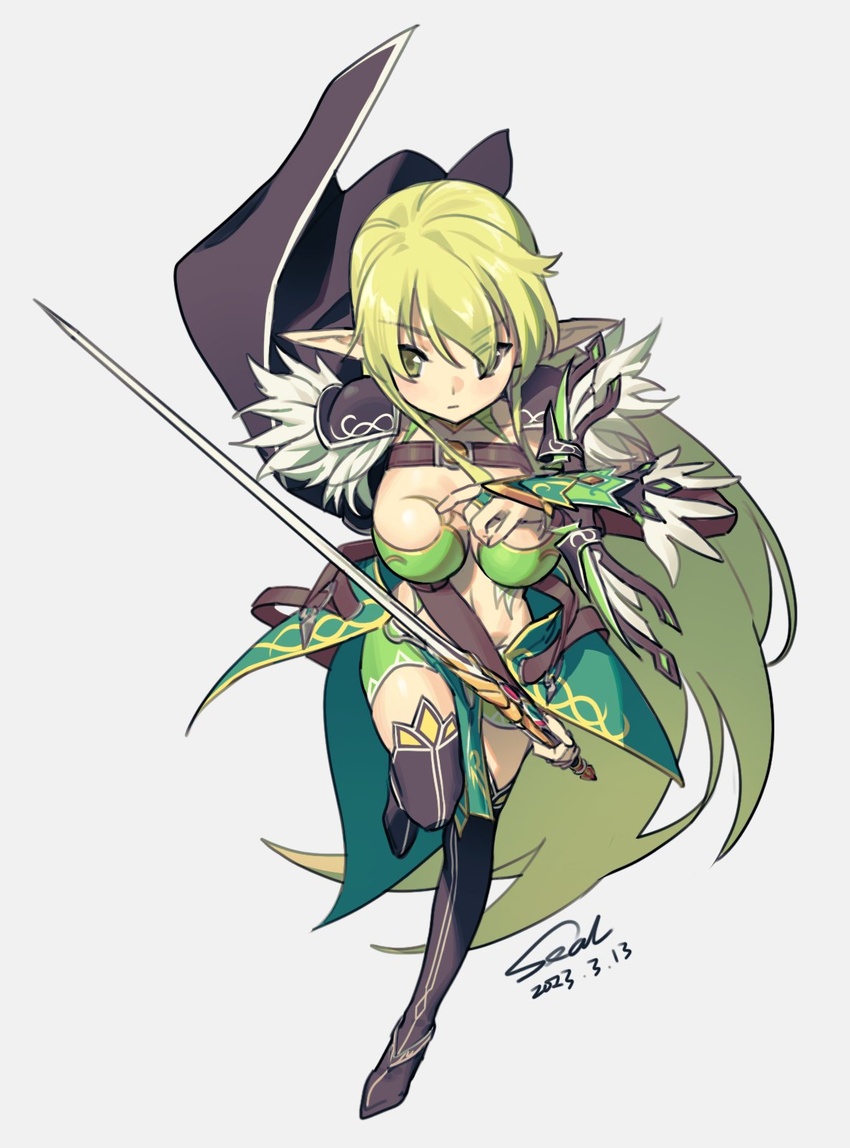 airseal arm_mounted_weapon black_cape breasts bridal_gauntlets cape cleavage commentary crossbow dated elf elsword english_commentary female full_body green_eyes green_hair grey_background highres holding holding_sword holding_weapon long_hair midriff night_watcher_(elsword) pointy_ears rena_erindel signature simple_background solo sword very_long_hair weapon