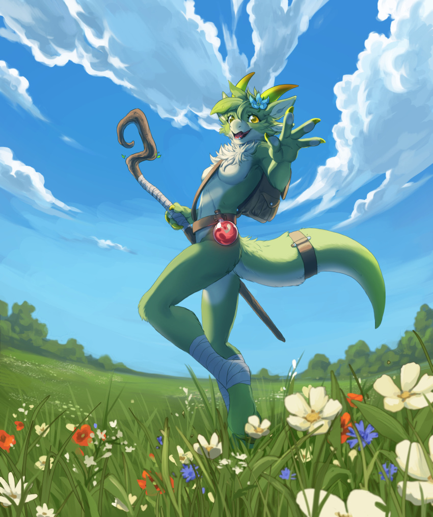 4_fingers accessory anthro backpack backpack_only belt belt_only blacku-draws breasts casual_nudity chest_tuft cloud day detailed_background featureless_breasts female field fingers flower flower_in_hair fur furgonomics furred_scalie grass green_body green_fur hair hair_accessory hi_res holding_object horn hybrid kanya_the_drakkonid_(darkflamewolf) leg_wrap legend_of_ahya looking_at_viewer mammal nude outside plains plant potion reptile scalie sky skyscape solo staff tail tail_accessory tail_belt tuft walking white_body white_fur yellow_eyes