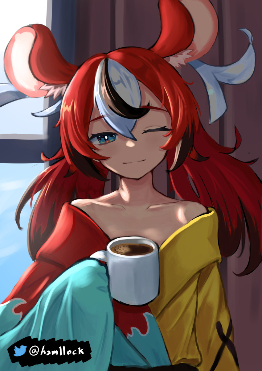 absurdres alternate_costume alternate_hairstyle animal_ear_fluff animal_ears aqua_robe bare_shoulders black_hair blue_eyes coffee coffee_mug cup female hair_between_eyes hakos_baelz half-closed_eye hamllock highres holding holding_cup hololive hololive_english light_smile long_hair looking_at_viewer mouse_ears mouse_girl mug multicolored_hair off_shoulder one_eye_closed red_hair red_robe robe sidelocks sleepy twitter_logo twitter_username virtual_youtuber white_hair window yellow_robe