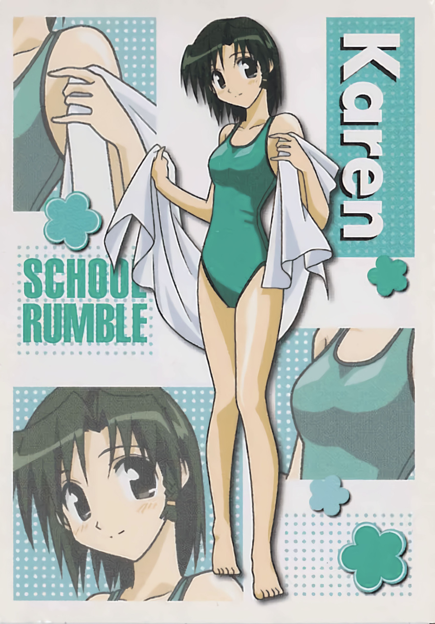 absurdres black_eyes commentary_request competition_swimsuit female green_hair green_one-piece_swimsuit highres ichijou_karen md5_mismatch nebusokuhrk5995 one-piece_swimsuit resolution_mismatch school_rumble shiny_skin smile solo source_smaller swimsuit