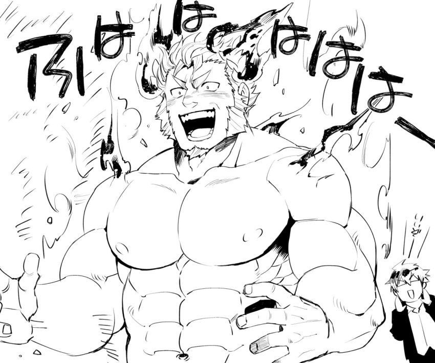 2boys :d abs bara blush claude_(housamo) completely_nude ezaki_papiko facial_hair fire frown goatee greyscale large_pectorals laurel_crown long_sideburns male_focus mature_male monochrome multiple_boys muscular muscular_male navel nipples nude open_mouth outstretched_arms pectorals peeking_out protagonist_4_(housamo) short_hair shouting sideburns smile stomach thick_eyebrows tokyo_afterschool_summoners translated