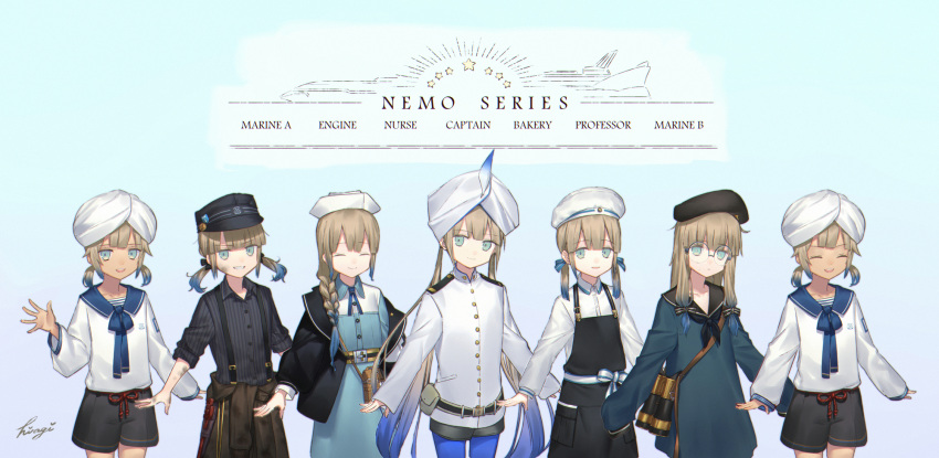 1other 4boys androgynous apron baker_nemo_(fate) belt beret binoculars braid captain_nemo_(fate) closed_eyes dirty dirty_face engineer_nemo_(fate) fate/grand_order fate_(series) female glasses gradient_background gradient_hair hat hat_feather highres hiiragi_(karashriker) marine_nemo_(fate) multicolored_hair multiple_boys nemo_(fate) nurse_nemo_(fate) professor_nemo_(fate) sailor_collar shorts signature sleeves_past_fingers sleeves_past_wrists smile turban twintails wrench