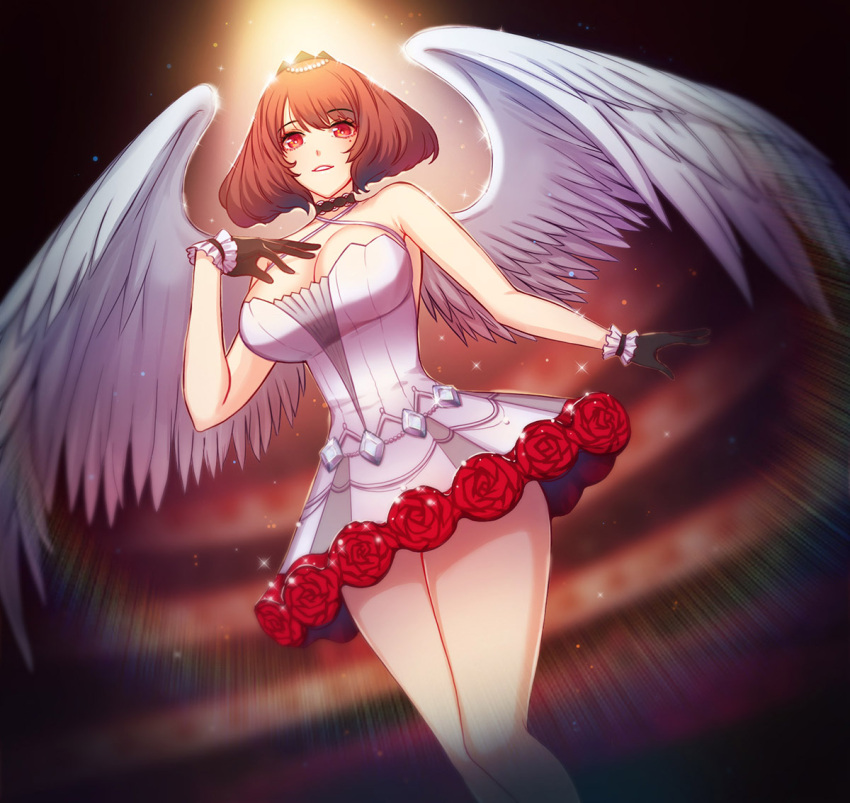 angel_wings anna_(illusion_connect) bare_legs bare_shoulders black_gloves breasts brown_hair eyebrows_hidden_by_hair female flower gloves illusion_connect light open_mouth raoul_(raoul77) red_eyes short_hair skirt smile solo white_skirt white_wings wings