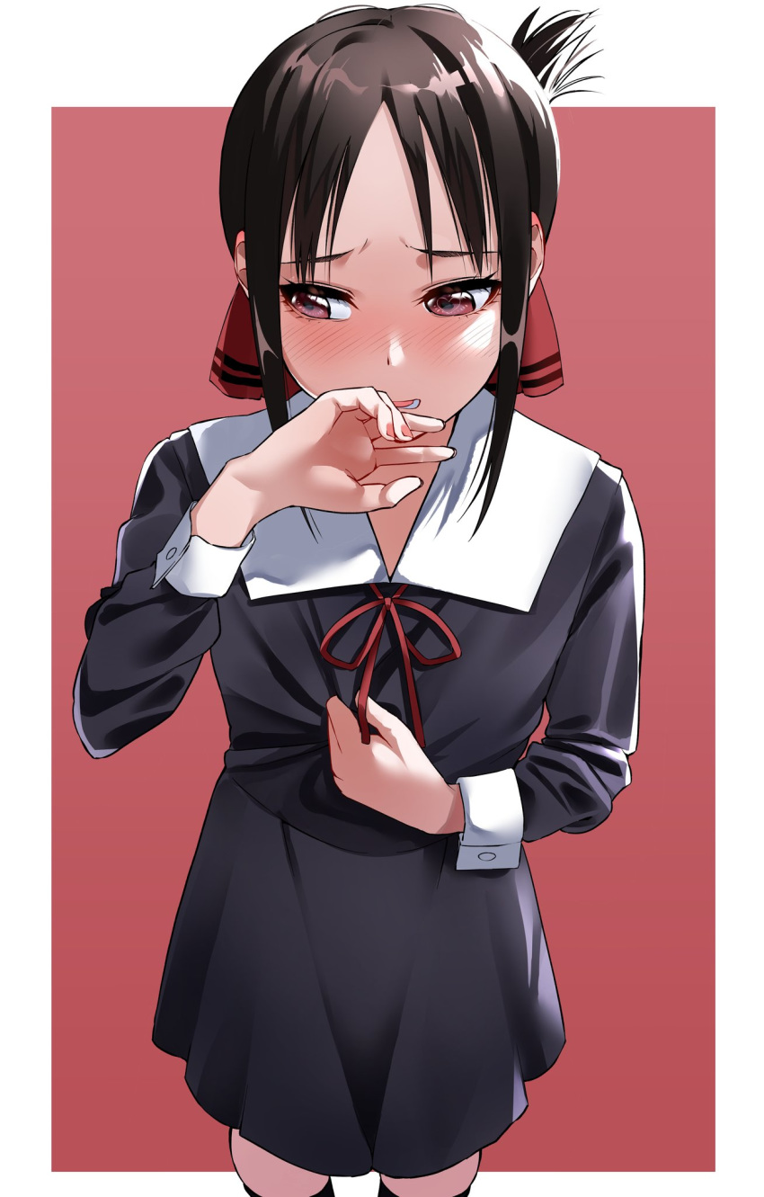 black_dress blush border brown_hair clutching_chest covering_own_mouth dress embarrassed female fingernails folded_ponytail hand_over_own_mouth hand_up heart heart-shaped_pupils highres igarashi_kyouhei kaguya-sama_wa_kokurasetai_~tensai-tachi_no_renai_zunousen~ long_sleeves looking_to_the_side neck_ribbon parted_bangs pink_nails red_background red_eyes red_ribbon ribbon school_uniform shinomiya_kaguya shuuchiin_academy_school_uniform simple_background solo standing symbol-shaped_pupils white_border