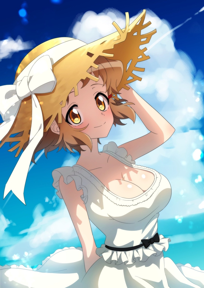 bare_shoulders blonde_hair breasts cloud day dress female hand_on_headwear hat highres large_breasts looking_at_viewer orange_eyes outdoors scar scar_on_chest senki_zesshou_symphogear short_hair sky sleeveless sleeveless_dress smile solo straw_hat sun_hat sundress tachibana_hibiki_(symphogear) white_dress yukitsuba_hina