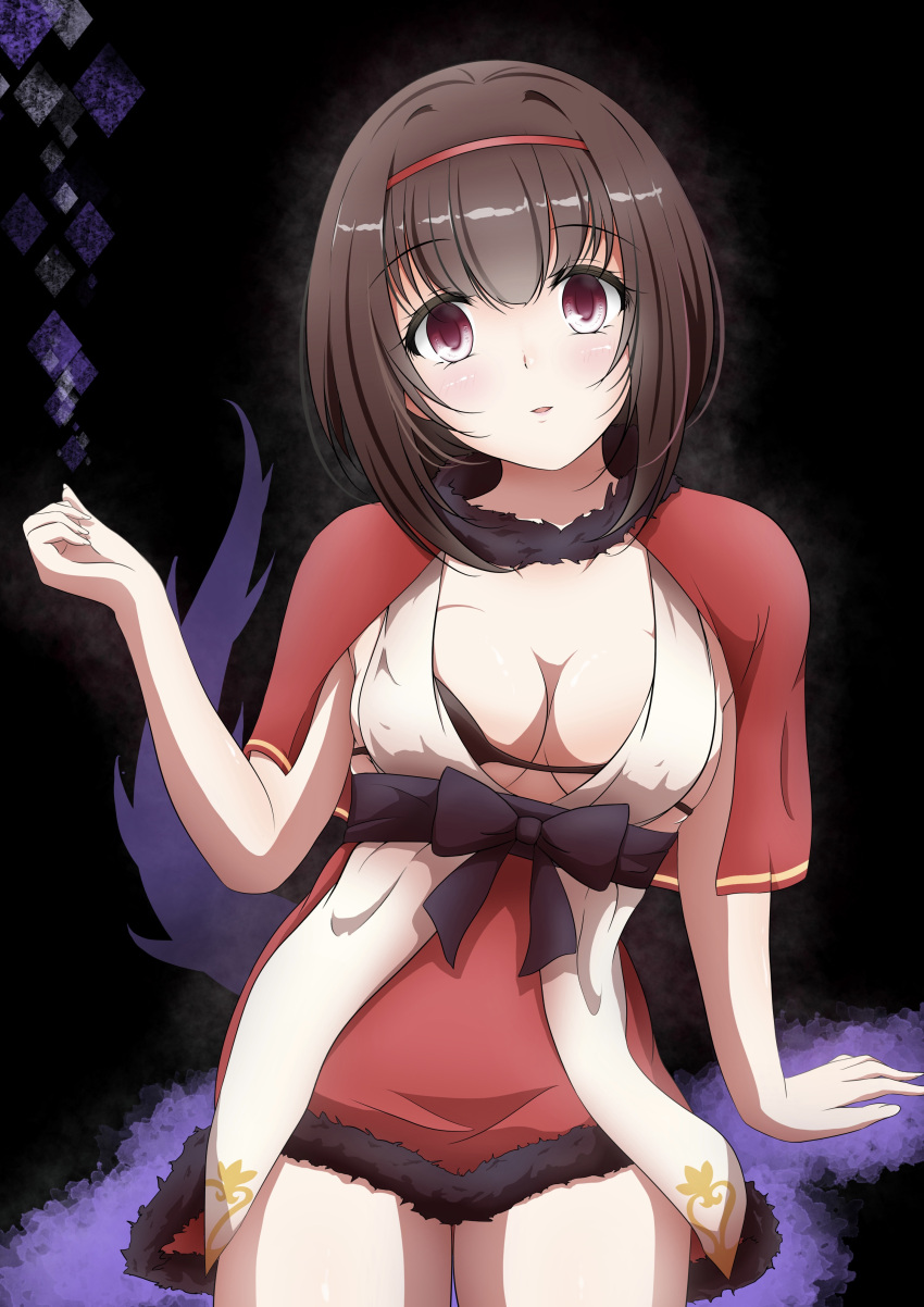 absurdres black_bra bra breasts brown_eyes brown_hair capelet cleavage commentary_request empty_eyes eriko_(princess_connect!) eriko_(real)_(princess_connect!) female fur_trim hairband head_tilt highres kai07 large_breasts looking_at_viewer parted_lips princess_connect! red_capelet red_hairband red_skirt short_hair skirt solo underwear