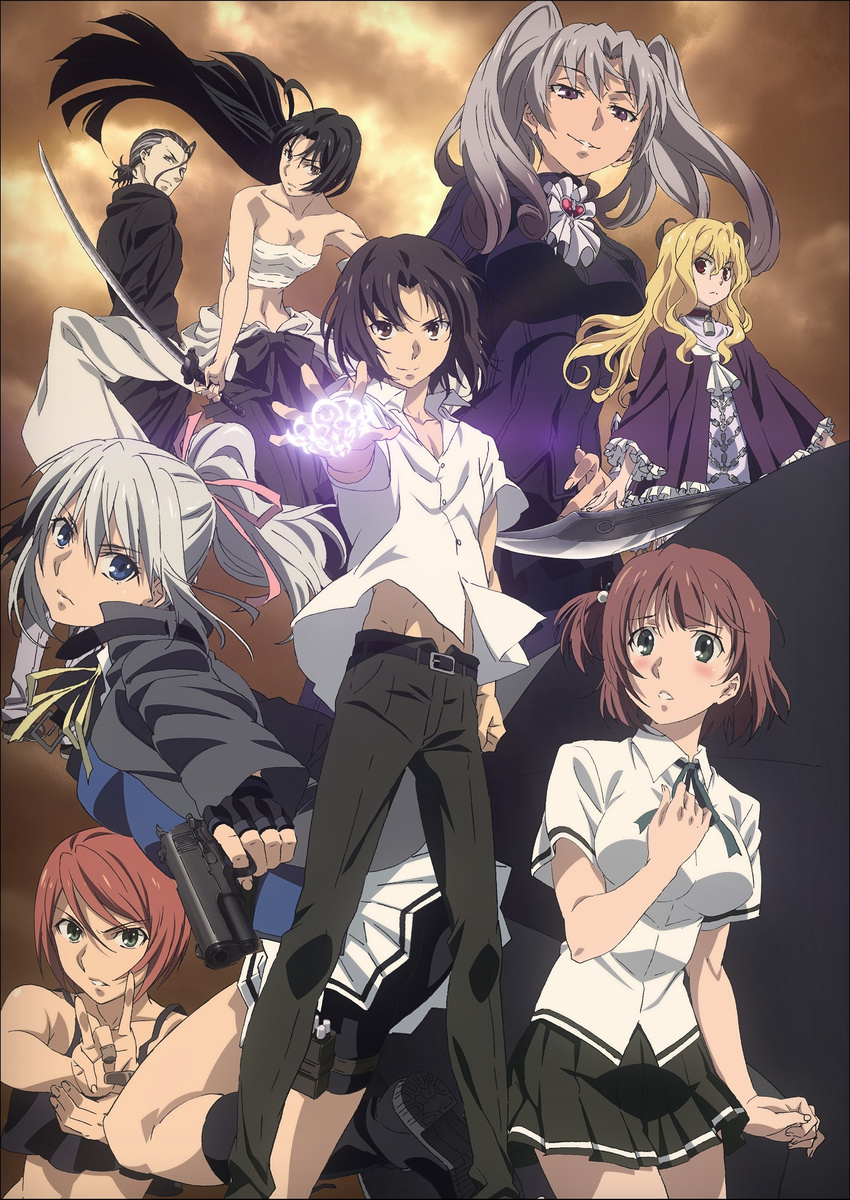 2boys 6+girls akatsuka_justice aryabhata bare_shoulders belt black_gloves black_hair black_shirt black_shorts black_skirt blonde_hair blue_eyes bluesy_fluesy breasts brown_eyes brown_hair cal_shekhar character_request cleavage collarbone fingerless_gloves gift gloves hair_between_eyes hair_bobbles hair_ornament hair_ribbon high_ponytail highres holding holding_gift holding_sword holding_weapon ichinose_touko iltutmish katana key_visual lisa_lovelock lock long_hair looking_at_viewer medium_breasts multiple_boys multiple_girls navel official_art one_side_up padlock pink_ribbon pleated_skirt ponytail promotional_art red_eyes ribbon sarashi school_uniform shirt short_hair shorts shorts_under_skirt silver_hair skirt smile sword taboo_tattoo twintails weapon white_shirt