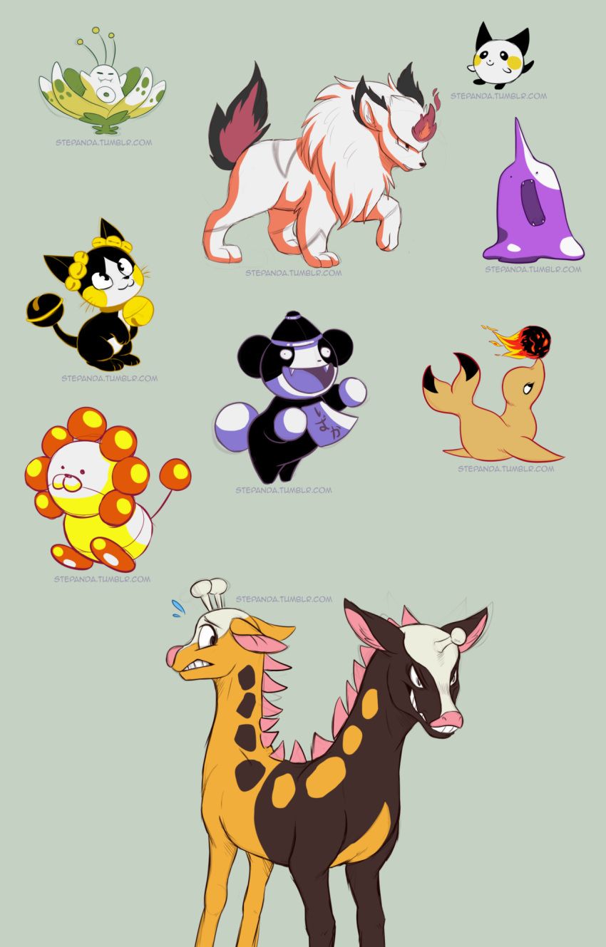 black_cat blush_stickers bombshikaa creature dynabear evil_smile feline girafarig_(beta) grey_background hanamogura highres jiangshi kyonpan looking_back looking_up multiple_heads no_humans pichu_(beta) pokemon pokemon_(creature) pokemon_gsc_beta porygon2_(beta) ringring_(pokemon) scared seal simple_background smile standing stepandy walking watermark web_address