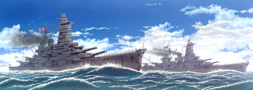 anti-aircraft_gun blue_sky cannon cloud commentary_request day earasensha flag haruna_(battleship) highres imperial_japanese_navy kongou_(battleship) no_humans ocean original photoshop_(medium) radar rising_sun_flag sky smoke sunburst turret water world_war_ii