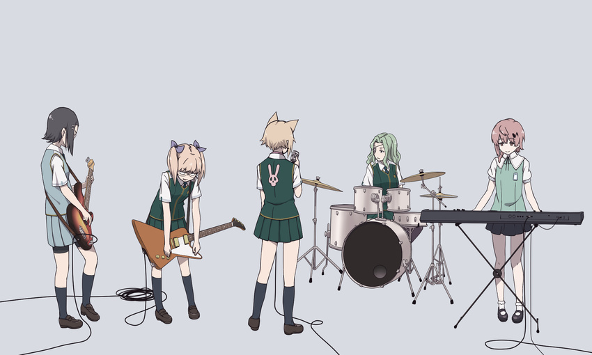 5girls band bass_guitar bent_over bike_shorts cable commentary_request drum drum_set electric_guitar eyepatch fender_precision_bass full_body gibson_explorer guitar highres idou_kyoushitsu instrument katsura_kotetsu kazari_rin keyboard_(instrument) kuraishi_tanpopo mary_janes menowa_mei microphone multiple_girls music playing_instrument school_uniform shoes shorts shorts_under_skirt sleepy smile socks standing twintails utsugi_kanna white_legwear witch_craft_works