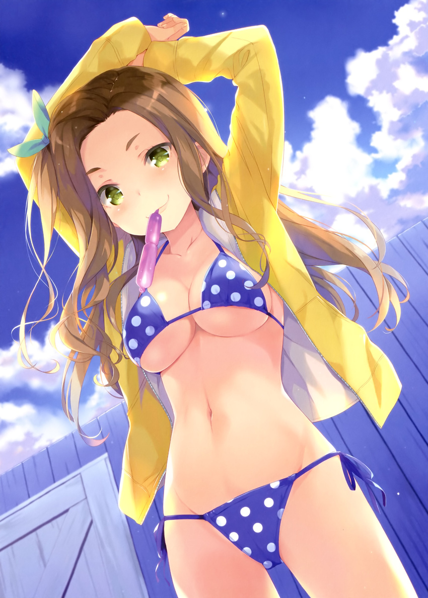 absurdres arms_up bikini bikini_under_clothes blue_bikini blue_sky breasts brown_hair cleavage cloud cloudy_sky collarbone cowboy_shot cropped day female fingernails from_below girlish_number green_eyes green_ribbons groin hair_ornament hair_ribbon highres hood hood_down hooded_jacket hoodie jacket katakura_koto large_breasts legs_apart long_hair long_sleeves looking_at_viewer md5_mismatch medium_breasts midriff mouth_hold navel ohara_tometa one_side_up open_clothes open_hoodie outdoors polka_dot polka_dot_bikini ribbon scan short_eyebrows side-tie_bikini_bottom sky smile solo stomach strap_gap string_bikini swimsuit tupet underboob