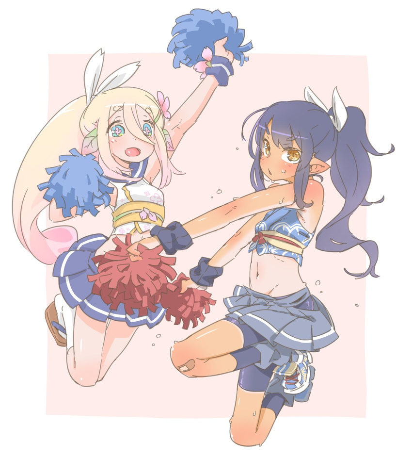 2girls akari-san_(hadakichi) bandaid bike_shorts blonde_hair blue_hair character_request cheerleader hadakichi hairbow midriff multiple_girls navel open_mouth original pleated_skirt pointy_ears pom_poms ponytail shorts_under_skirt skirt symbol-shaped_pupils white_border