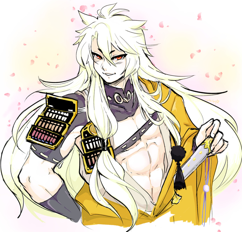 1boy armor cherry_blossoms eyebrows eyebrows_visible_through_hair hair_tubes highres japanese_armor kogitsunemaru long_hair looking_at_viewer male_focus nagatekkou petals pom_pom_(clothes) red_eyes smile sode solo sword touken_ranbu upper_body weapon white_hair yellow_kirby