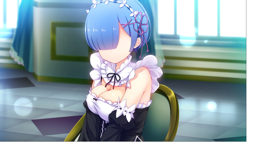 blue_hair breasts game_cg grand_cross headdress re:_rem_plus re:zero_kara_hajimeru_isekai_seikatsu rem_(re:zero) short_hair tagme_(artist)