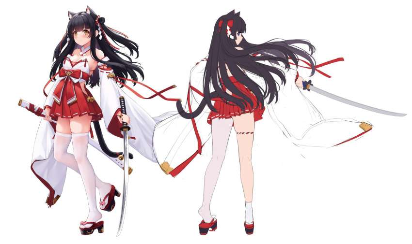 allenes animal_ears asymmetrical_legwear azur_lane bare_shoulders bell black_hair cat_ears cat_tail detached_sleeves female geta hair_ornament hatsuharu_(azur_lane) highres holding holding_sword holding_weapon japanese_clothes katana long_hair looking_at_viewer multiple_views official_alternate_costume okobo reference_sheet sandals socks standing sword tabi tail thigh_strap thighhighs two_side_up uneven_legwear weapon white_background white_socks white_thighhighs wide_sleeves yellow_eyes yuugure_(azur_lane) yuugure_(summer_festival_shopping)_(azur_lane)