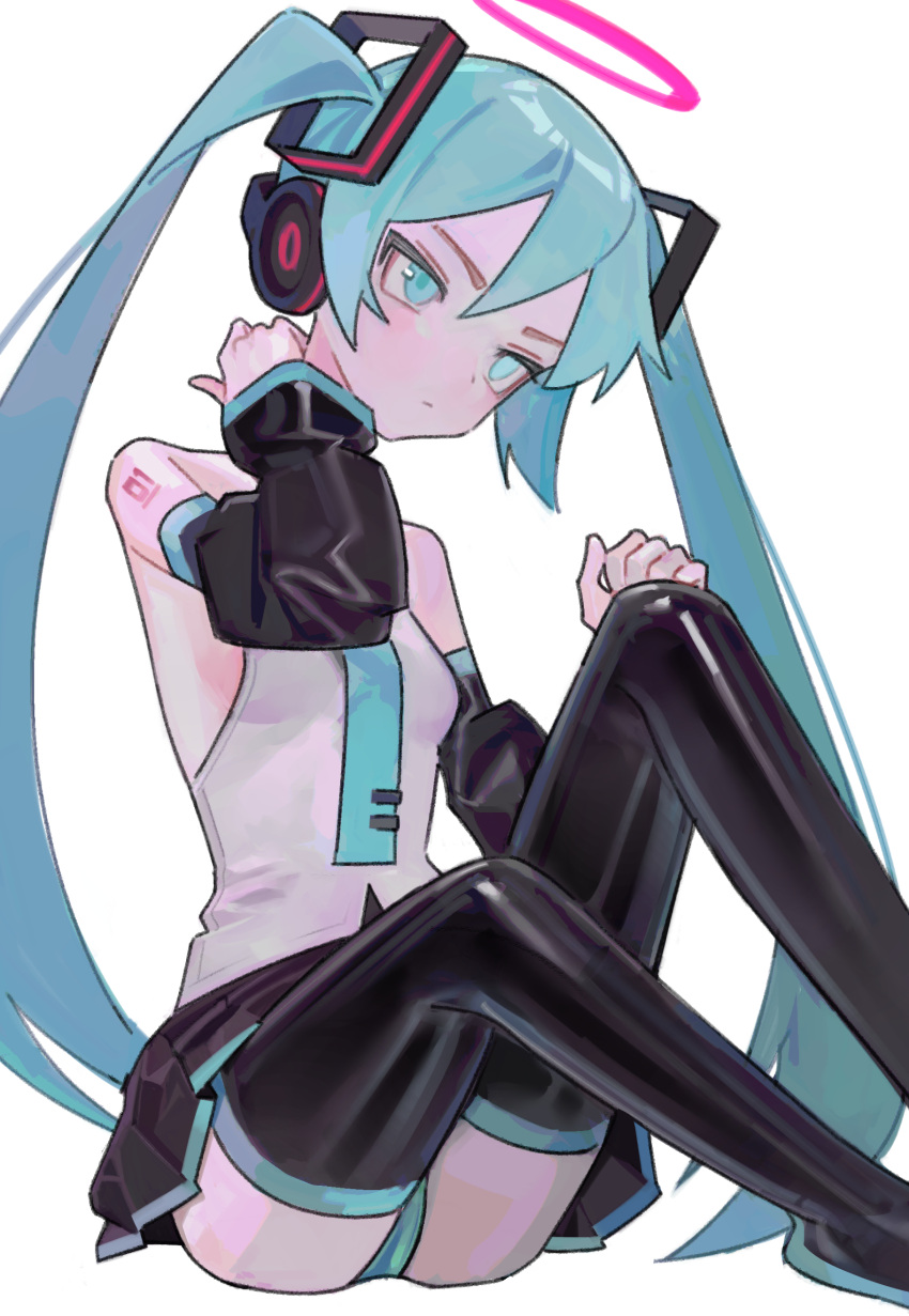 absurdres aqua_eyes aqua_hair aqua_necktie aqua_panties black_footwear black_skirt boots breasts closed_mouth detached_sleeves female hair_ornament halo hatsune_miku headphones highres latex latex_boots long_hair miniskirt necktie panties pantyshot pleated_skirt saaal653 shiny_clothes shiny_legwear shirt simple_background sitting skirt sleeveless sleeveless_shirt small_breasts solo thigh_boots thighhighs twintails underwear very_long_hair vocaloid white_background white_shirt